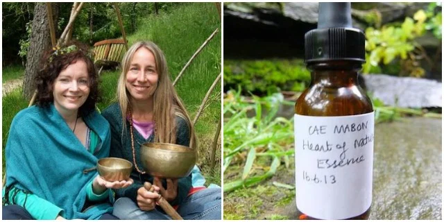 Pictured here, Jackie Stewart and Karina Ladet at Cae Mabon, 2013, with singing bowls, on the hill where we the essence was created.