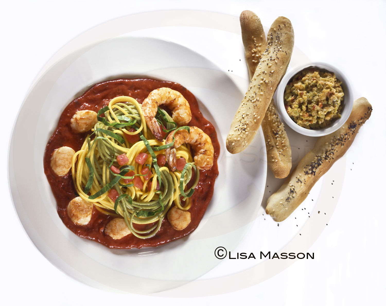 Shrimp Scallop Linguini with Bread Sticks and Tapenade - Sales Up