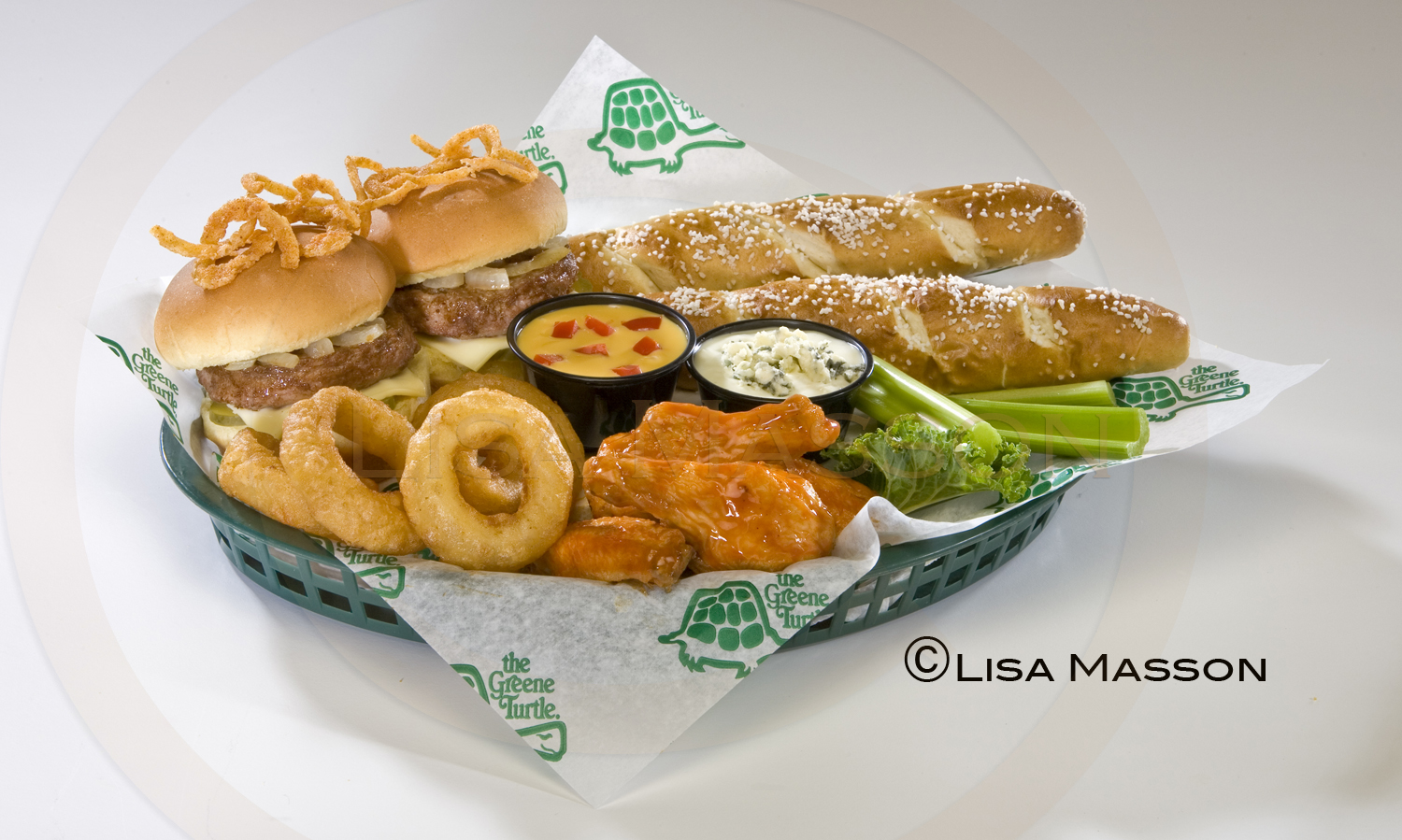 Combo Plate - Burger Sliders, Onion Rings, Chicken Wings, Pretzel Rolls, Cheese Dip - Green Turtle