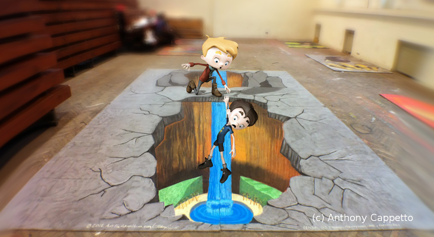 When 4D animation becomes part of the 3D chalk mural, we are combining or mingling 21st century computer technology with the animated models as well as the coordination with the hand drawn (or pre printed) street artwork blending art past and contemporary. Below is a video and still compilation of 4D in action. This piece is called ' Visions of Cambodia', a dry chalk piece 30 by 40 feet in size with a 4D emerging technologies component. 