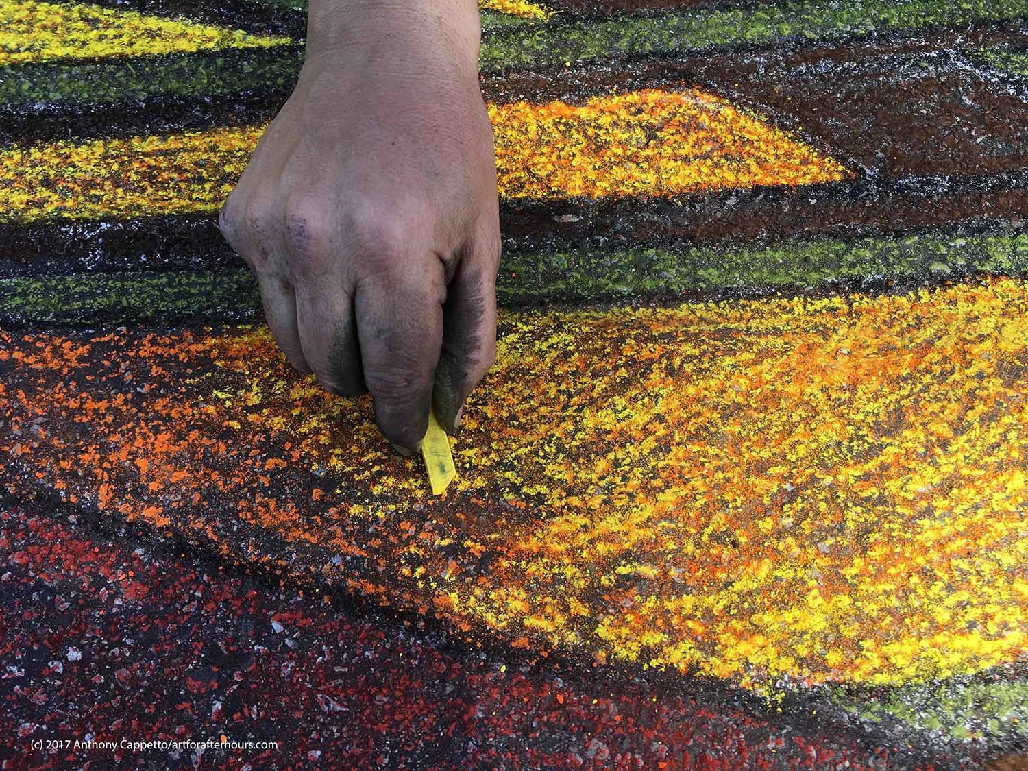 Live performance allows the viewers to see the artist or artist teams at work building up chalk work layer by layer allowing the artist process to be experienced by all.
