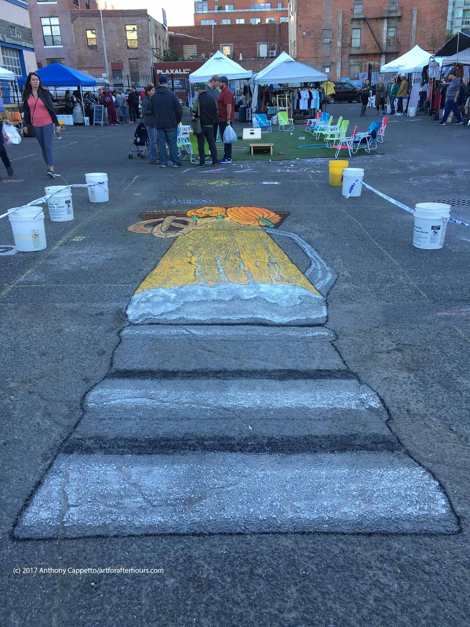 A reverse angle of the same art work where you can see the anamorphic 3D illusion effect. The proportions change dramatically to get the 3D result actually drawn in 2D. 