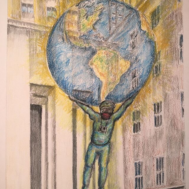 Chalk Art (on paper) from New York City. 
The Rockefeller Center Atlas, a historic NYC landmark, reimagined as a frontline medical worker with scrubs, mask, and goggles, carrying our World 🌎 🌍 against the Coronavirus - the Existential Threat of Our