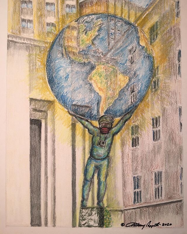 Chalk art on paper by Anthony Cappetto, Astoria, NYC.

The Rockefeller Center Atlas reimagined as a frontline medical worker with scrubs, mask, and goggles, holding up the world against Covid-19. #onenewyork