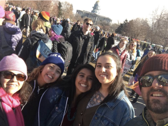 The author, left, with her daughter and daughter’s friends, and husband at the Women’s March, January 20, 2017, Denver.
