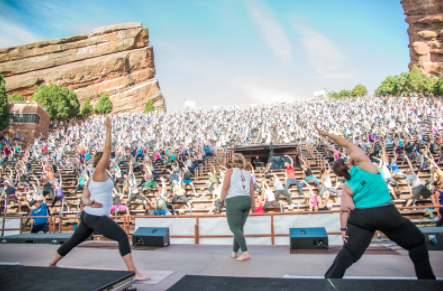 Lafferty teaching at Yoga on the Rocks, Red Rocks Amphitheater, June 2017.