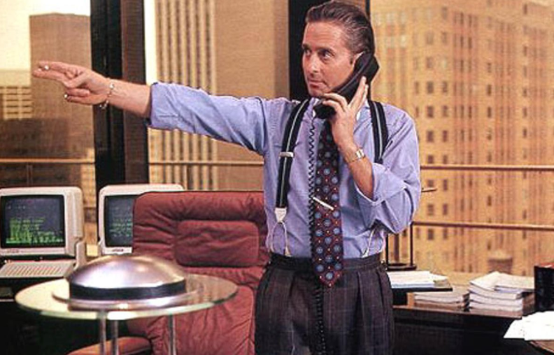 Michael Douglas as Gordon Gekko in the Twentieth Century Fox film Wall Street (1987). 