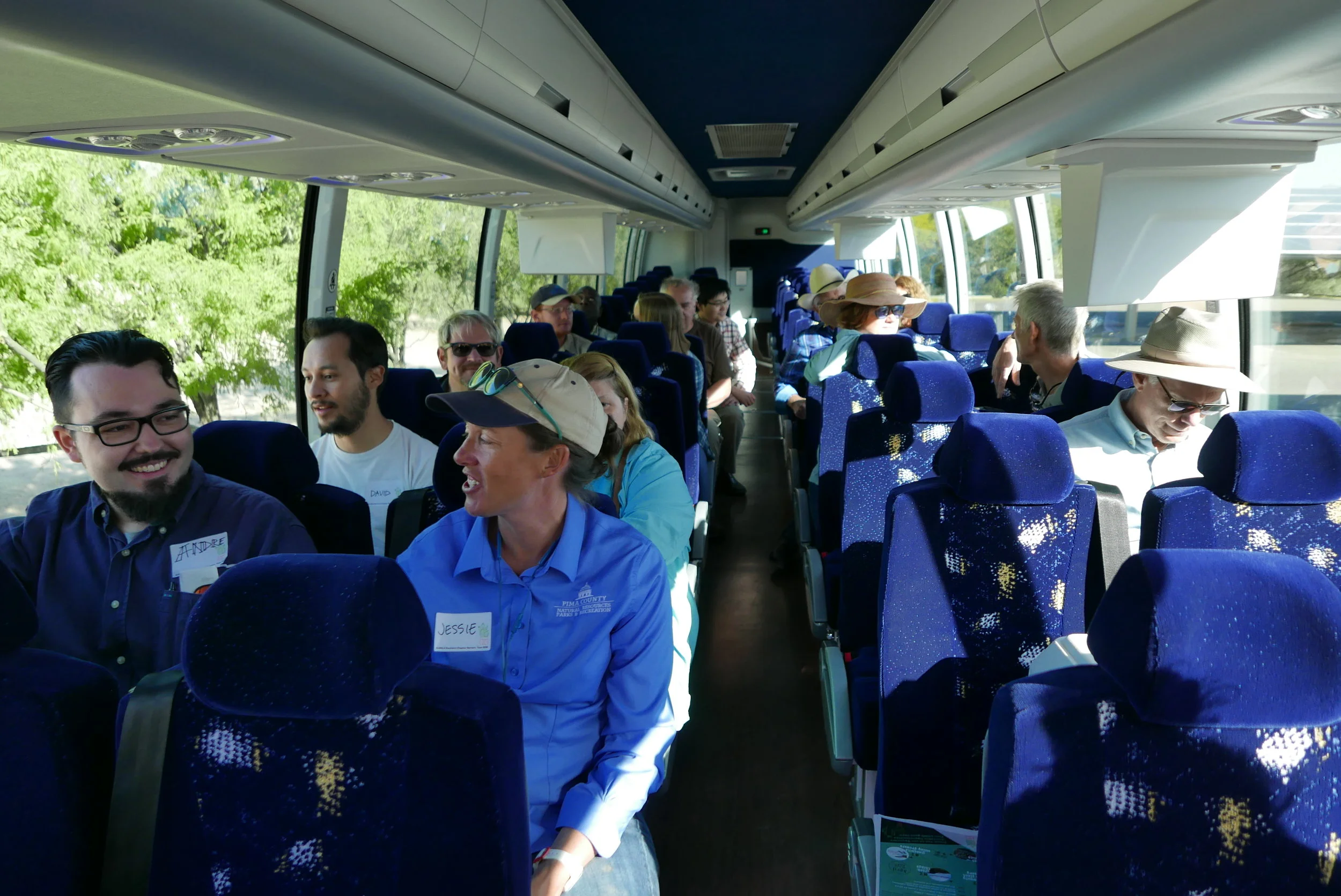 All aboard! Here's the group at the start of the day on the way to our first stop at Desert Trees.