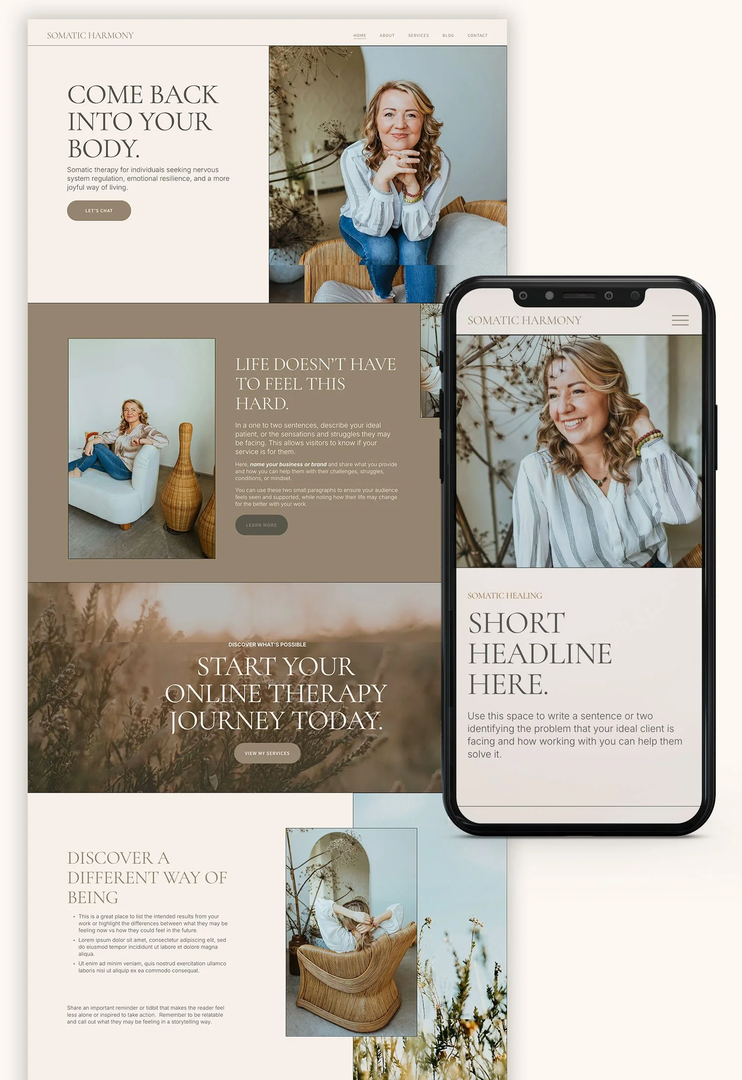 Website homepage design for Somatic Harmony featuring images of a smiling woman in a casual outfit, interior decor, and natural outdoor scenes, emphasizing online therapy and healing services.