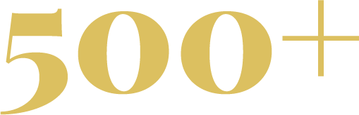 Text that reads '500+' in large gold letters on a black background.