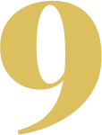 A large, stylized gold number nine with a black shadow.