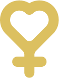 A gold-colored symbol combining a heart and female gender symbol.