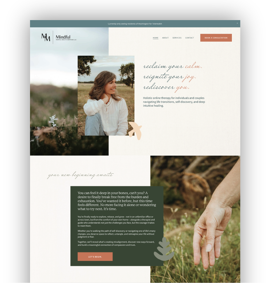 Homepage of Mindful Mental Health Services LLC featuring a woman sitting outdoors, a hand touching grass, and text about online therapy and healing.