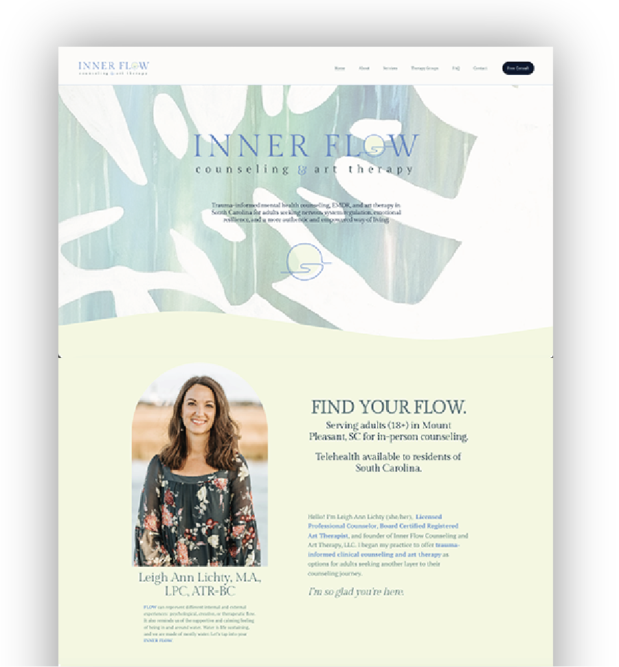 Screenshot of a counseling and art therapy website with a pastel color scheme, a woman smiling in a floral top, and text promoting mental health services in South Carolina.