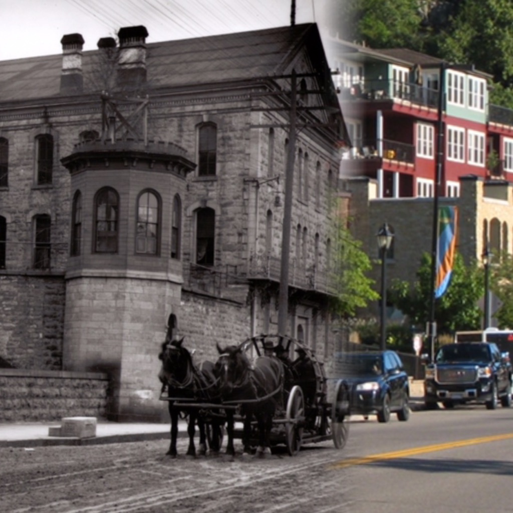 The only part of the Territorial Prison that still stands today is a small guard house just to the left of there horses. The prison grounds are presently the site of the Terra Springs Condominiums. Photo credit is Mr. John Runk (Historical Photo), courtesy of the Stillwater Public Library and R.Molenda 2016 photo.