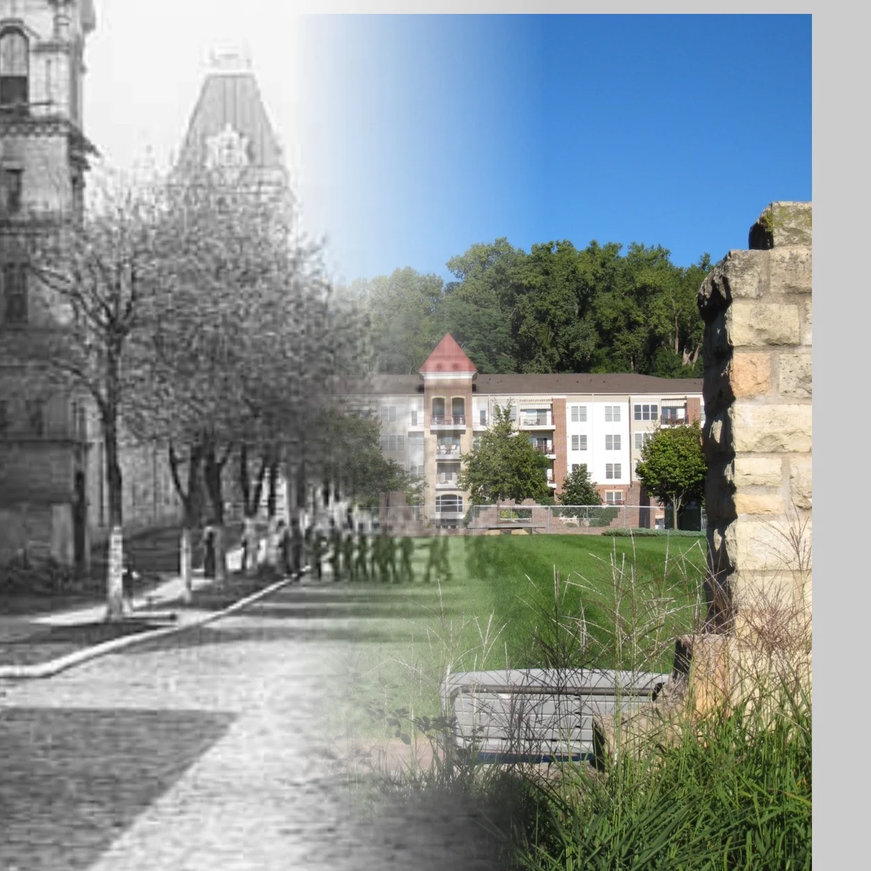 This is a "Time-Tunnel" photo between the years 1907 and 2016. This allows you to travel between these years at the same location and vantage point. Photo credit is Mr. John Runk and R. Molenda, courtesy of the Stillwater Public Library. This is presently the location of Terra Springs Condominiums. The only part of the original prison left is the rock wall in the foreground.
