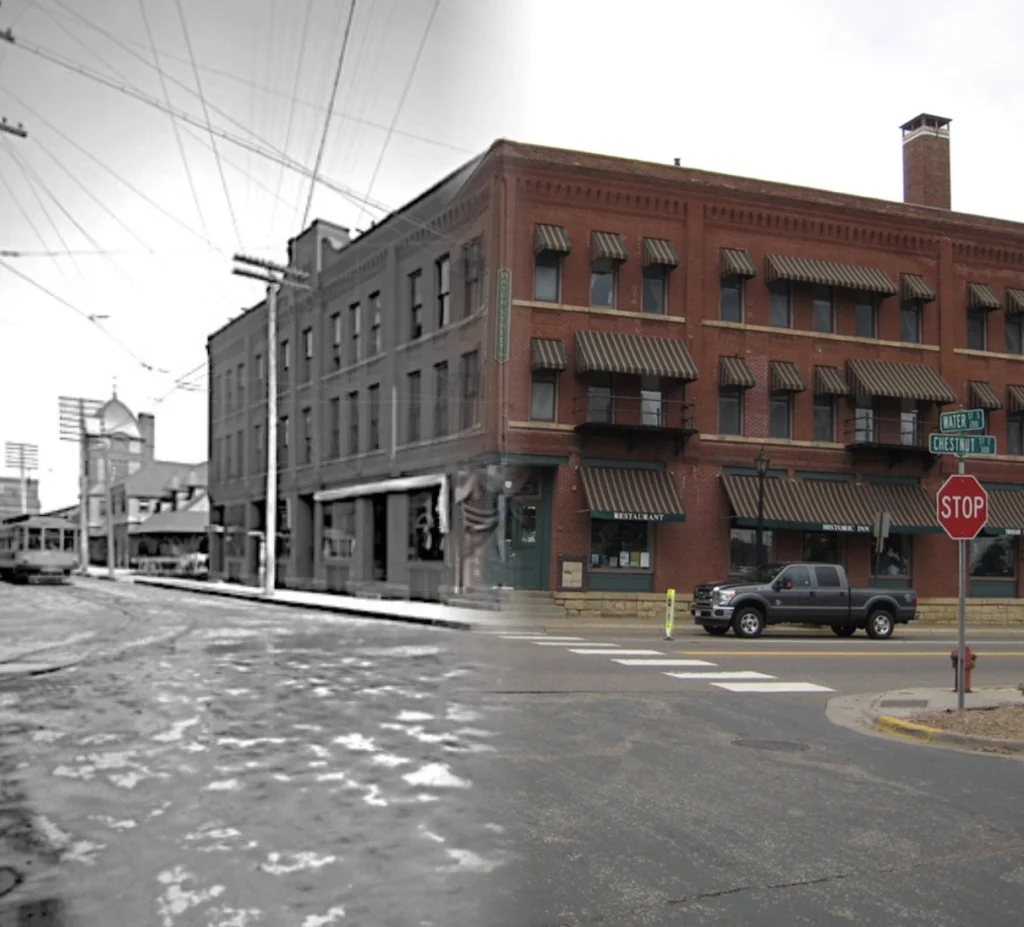 This is a "Time-Tunnel" photo that allows you to see the changes from 1914 to 2016 as you walk through the scene. Today the building is the home of the Water Street Inn. There have been additions to the building and more changes planned for the future. Photo credit is Mr. John Runk for the historical photo, R.Molenda for the 2016 photo. To view the 2016 image of this same location, just click or tap the photo above.
