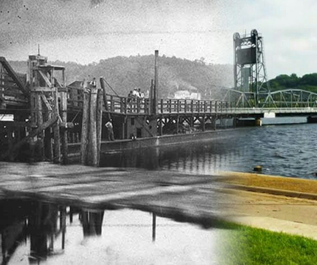 This photo is a "Time Tunnel" photo done by Mr. Dick Marlow. The historical photo is from the John Runk Collection of the Stillwater Public Library. Imagine yourself walking from 1875 across the wooden bridge onto the lift bridge in 1931.