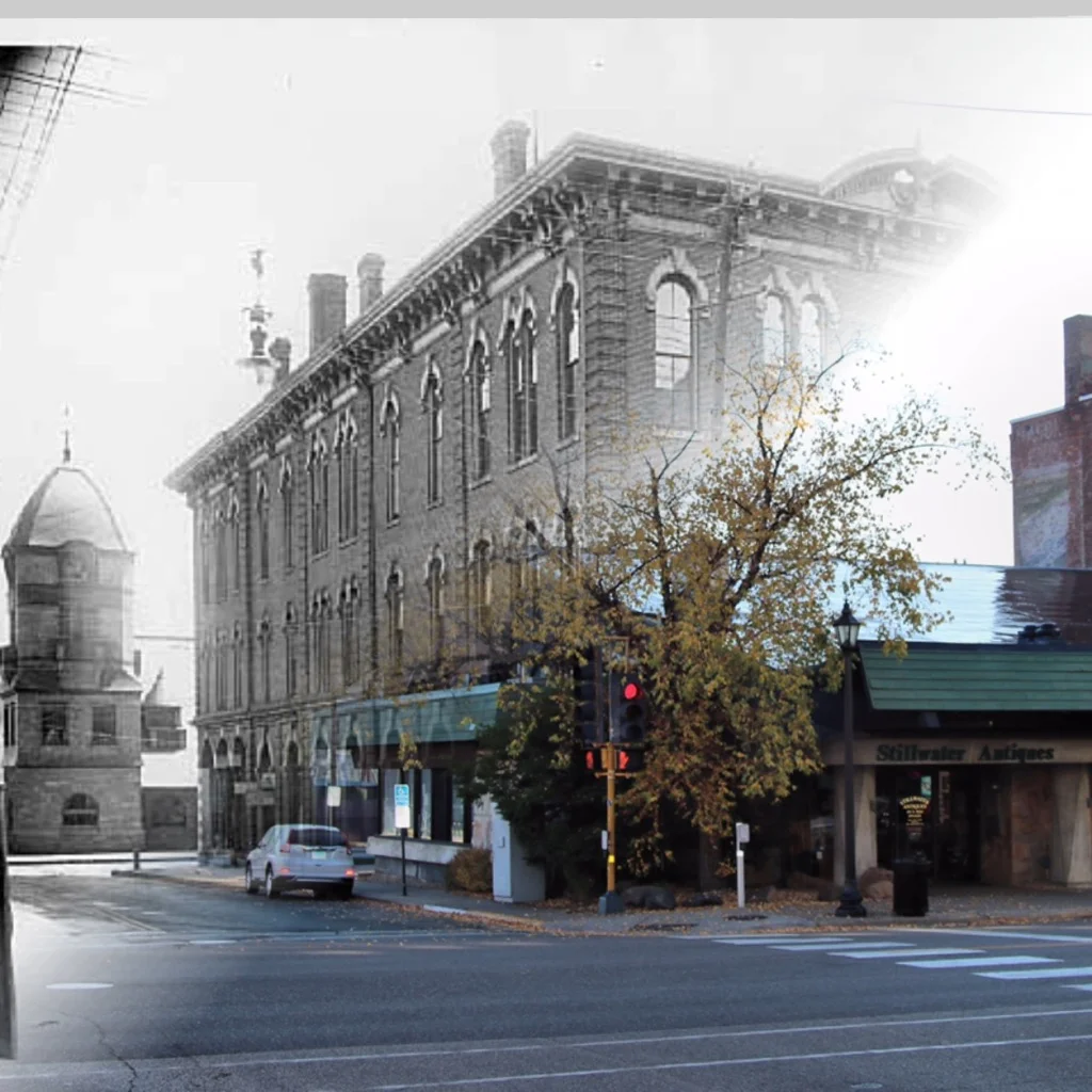 Time-Tunnel between 1914 and 2016 at the SE corner of Myrtle and Main Streets. Photo Credit, Stillwater Public Library John Runk Collection, Tom Wieland and Bob Molenda.