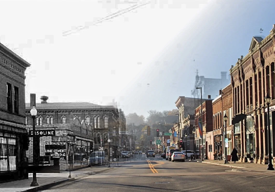 This is a Time Tunnel photo on Main Street viewing south from Commercial Street. Most of the buildings on the left side of the street are gone. The Excelsior Block is on the immediate right, and the Pub 112 Building is the second building to the south. Both buildings have been restored and are standing today. Photo credit, Mr. John Runk, courtesy of The Stillwater Public Library, John Runk Collection, T.Wieland and R.Molenda.