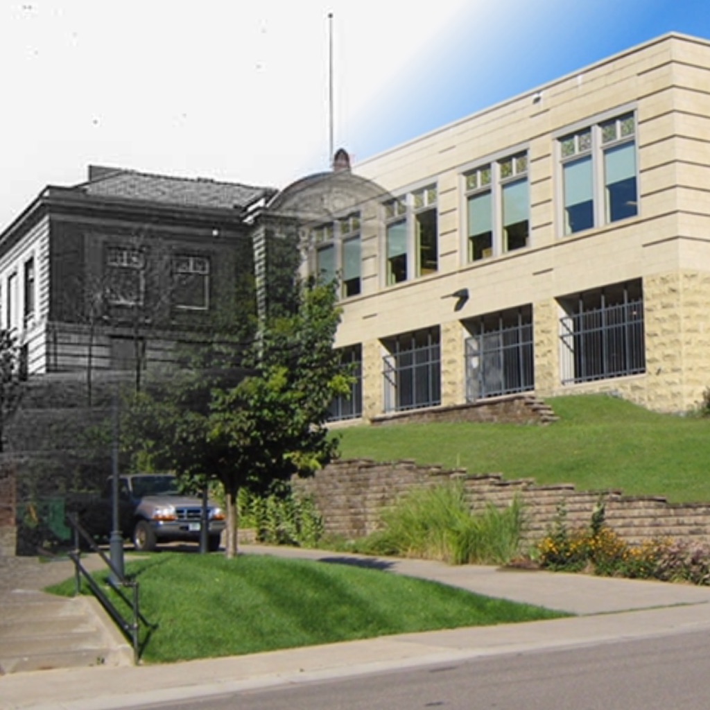 This is a "Time-Tunnel" photo that takes you from 1920 to 2016 at the same location. Imagine what politics and persuasion took place to locate the library in such a prominent place. Think about the walk up the stairway to use these marvelous facilities! The original building is still there, attached to the new building. Visit this magical place and enjoy the St. Croix Collection Room !