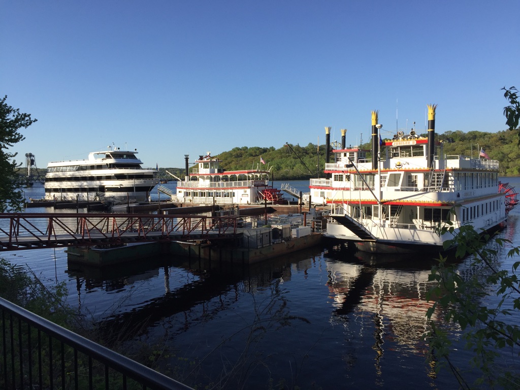 2017 view of the St. Croix River from the St. Croix Boat & Packet Company Dock. These boats are excursion boats located in Stillwater. 