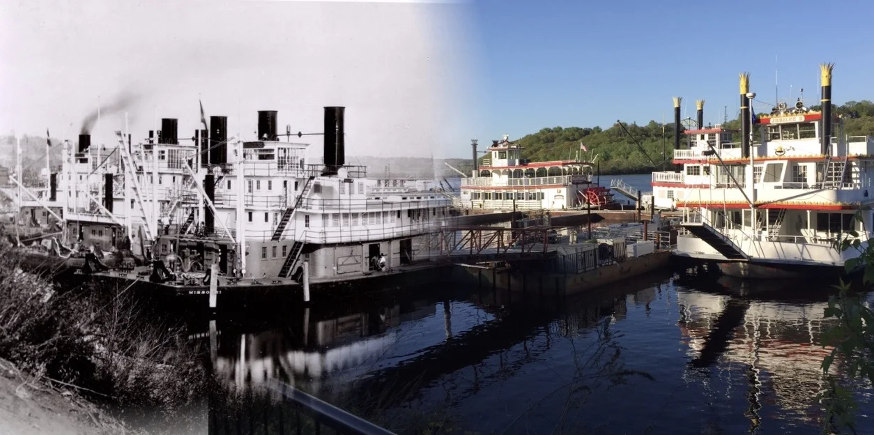 This is a "Time Tunnel" photo that takes you from 2017 to 1921 at this same location. The 2017 location is the St. Croix Boat &Packet Company that conducts tourist excursions along the St. Croix River near Stillwater. The historical photo is credited to Mr. John Runk, courtesy of the Stillwater Public Library, St. Croix Collection. The morphed photo is credited to R. Molenda.