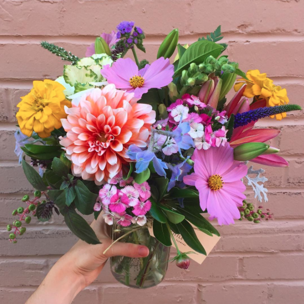 Shaking it up with some pink cosmos and blue delphinium! 