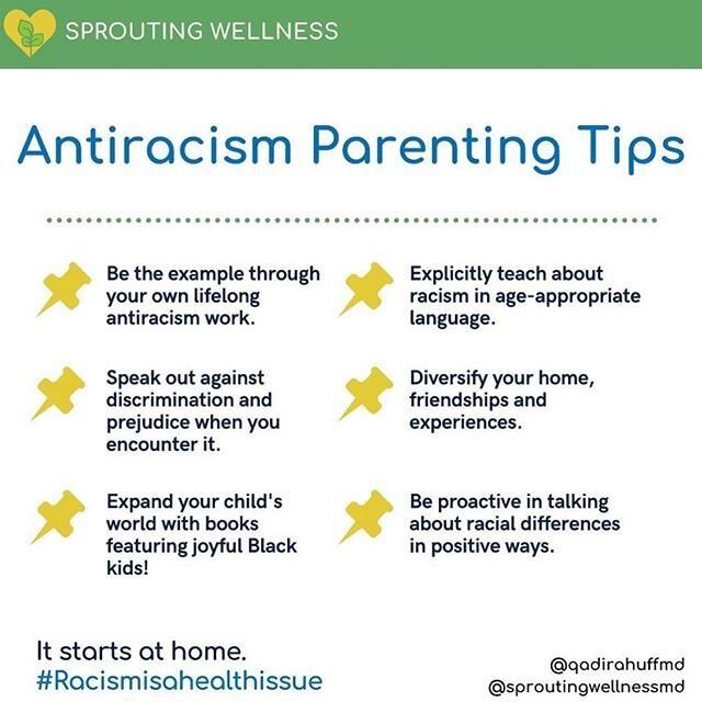 Repost from @qadirahuffmd ❤️- Antiracism Parenting Tips

1. Be the example through your own lifelong antiracism work. Check your own biases (often). Assessing our own biases can be uncomfortable, but is the basis for committing to an antiracist appro