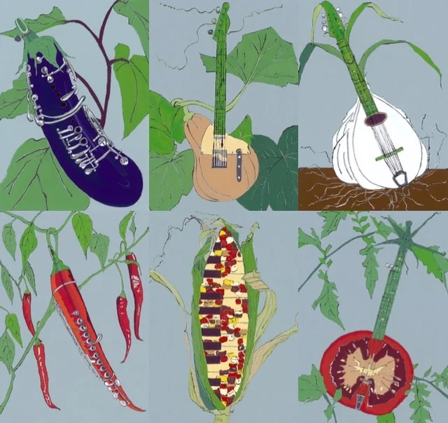 Aubergine Clarinet, Butternut Squash Guitar, Garlic Mandolin, Chilli Flute, Sweet Corn Piano and Tomato Banjo Limited Edition Giclee Prints available framed or unframed.