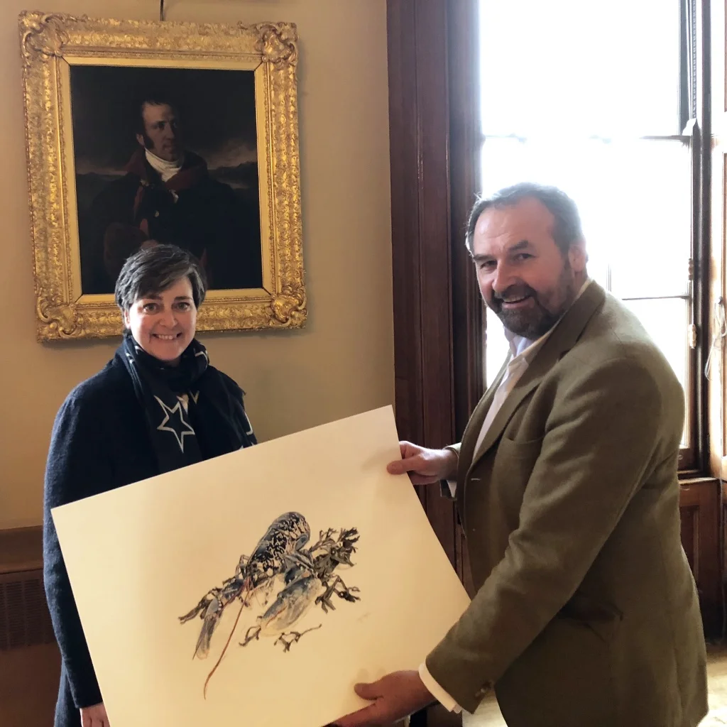 Presenting the finished painting to Mike Warner at Fishmongers Hall, London