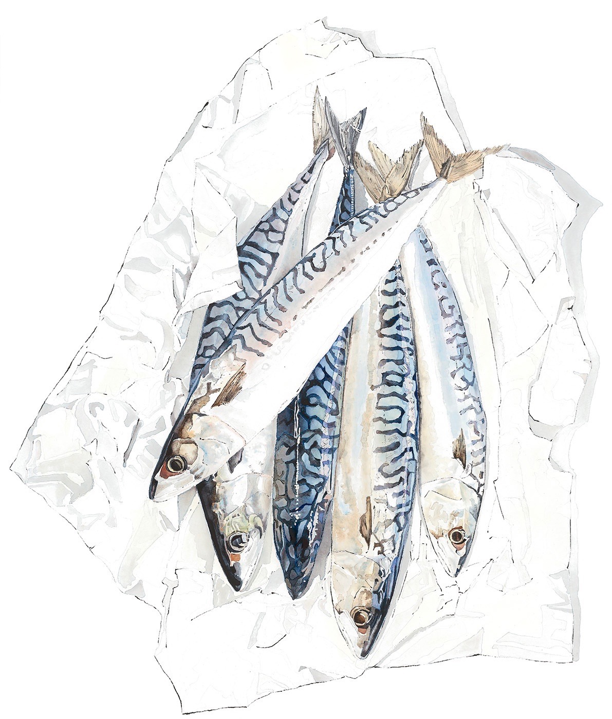 Mackerel - watercolour and blotted line painting. Available as a Giclee print.