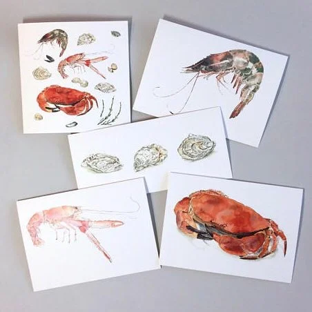 Seafood inspired greetings cards of original watercolour & blotted line paintings by Lucy Clayton