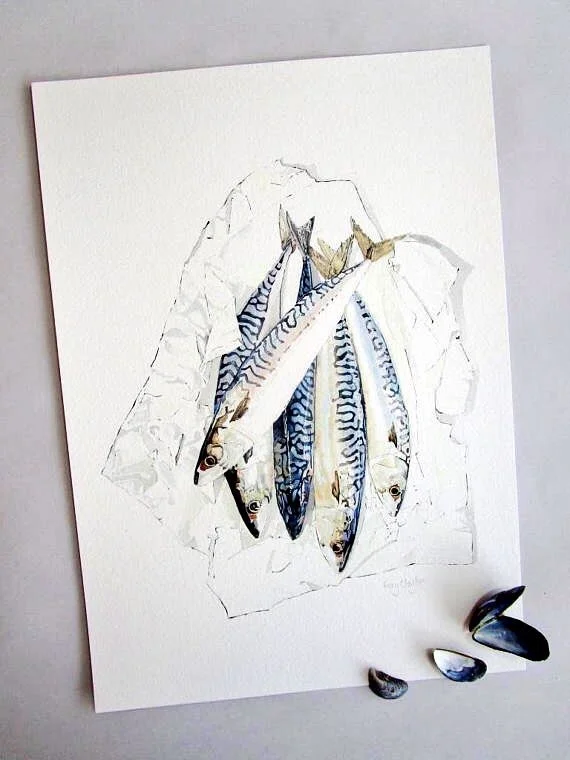 Mackerel - A4 Giclee print of an original blotted line and watercolour painting