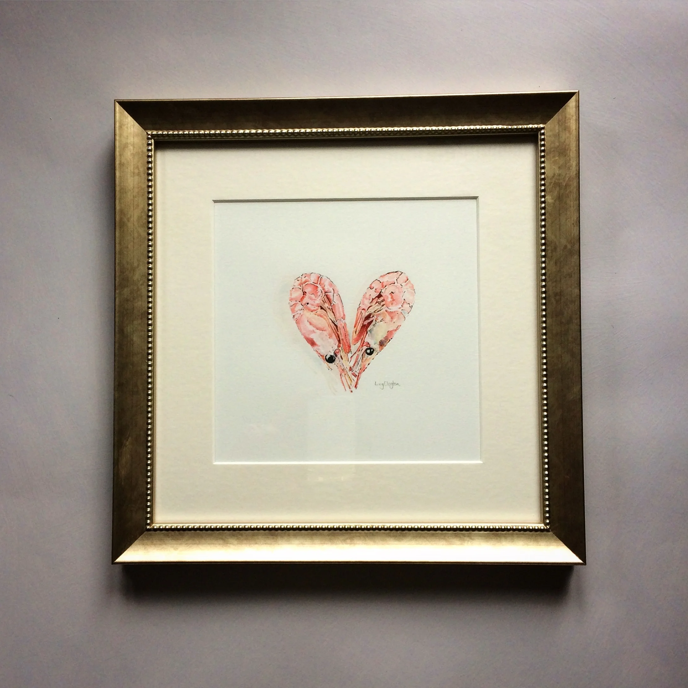 Pink Prawn Heart - framed original blotted line and watercolour painting