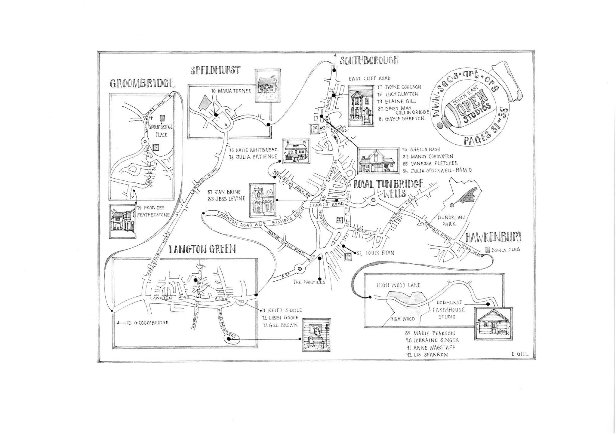 South East Open Studio Tunbridge Wells Trail Map designed by Elaine Gill