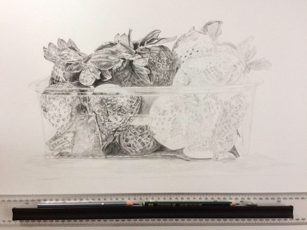 Pencil drawing of Punnet of Strawberries in progress