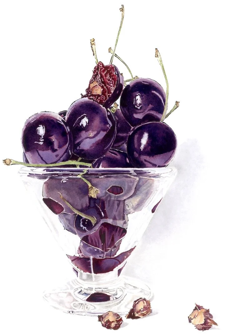 Bite - Still life of bowl of cherries, Giclee print of an original watercolour and blotted line painting by Lucy Clayton