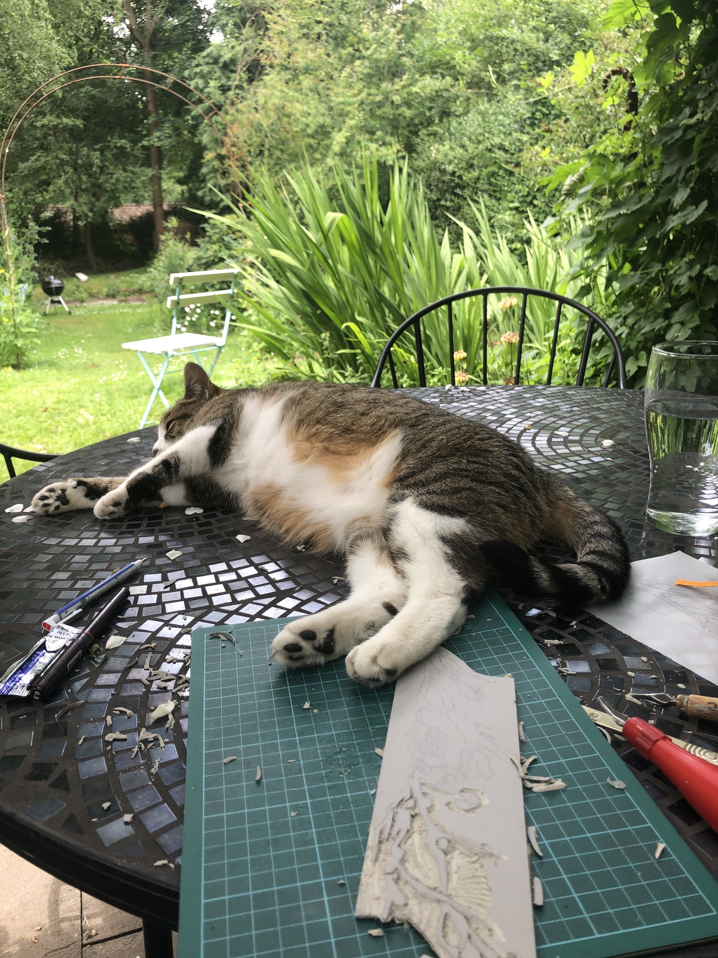 Cutting the lino block in the garden with May the Cat