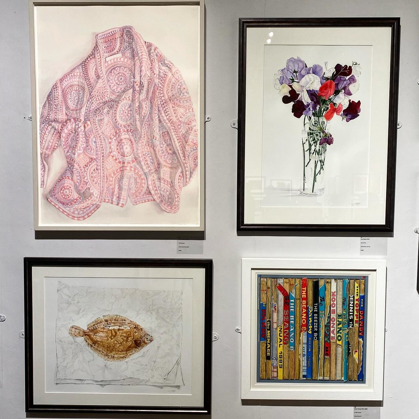 The one photo I managed to take of my  fish &amp; flowers @drawingsocietyuk exhibition on Tuesday night&rsquo;s PV- had to be quick as it was gloriously busy.
There is so much to see and every year the quality and variety of the artwork just gets bet