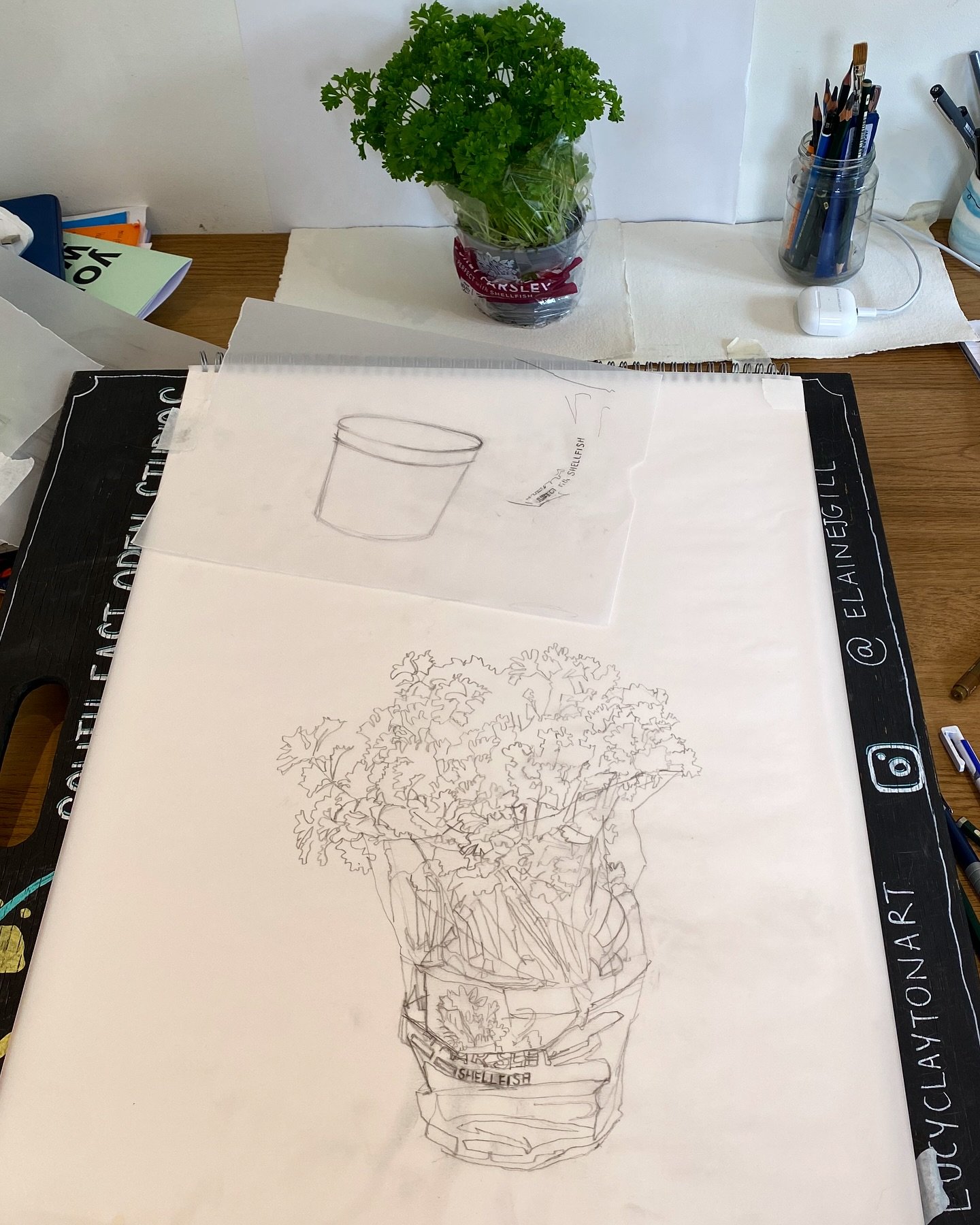 Had an urge to paint curley parsley. Partly down to the texture and colour but mostly the words &ldquo;perfect with shellfish&rdquo;. It got me thinking about fish pie with parsley sauce and how I tend to favour flat leafed parsley. Not sure why as i