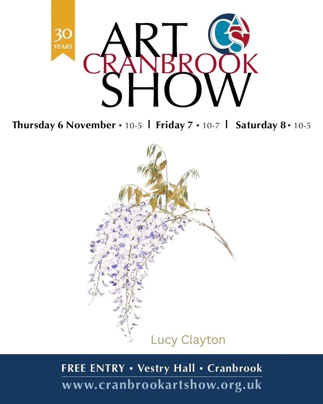 Another watercolour exhibiting at this year&rsquo;s @cranbrookartshow is Wisteria.

Its intoxicating scent fills our garden in May and I wanted to capture the rhythm and patterns of its pendulous  racemes before they fell.

November 
Thursday 6 - 10a