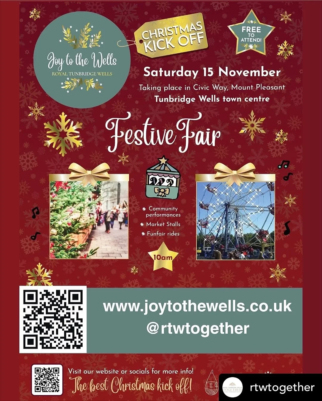 Lots of exciting stuff going on in the centre of Tunbridge Wells on Saturday 15 November.
@rtwtogether begin their Joy to the Wells, Christmas Kickoff event on Civic Way with street performers, market stalls &amp; much more. 

Whilst inside the @thea
