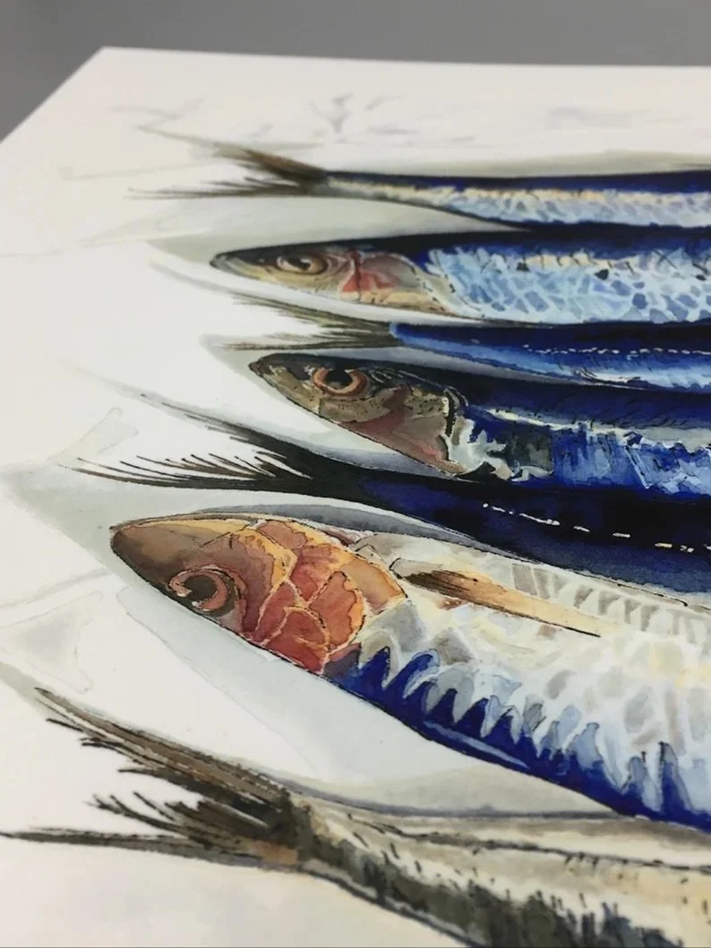 Seafood and beach inspired signed giclee prints of my original watercolour and blotted line paintings are available to buy online in my @etsy shop.

They come in various sizes and are professionally reproduced on Hahnemuhle German Etching paper with 
