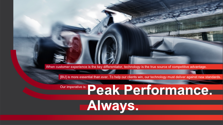 With a deep understanding of the B2B2C nature, my team co-created and developed a strategic platform that addresses the business need, its products and services, and its team to be designing, delivering, and managing at "Peak Performance". Utilizing F1 racing as the core metaphor, precision, teamwork, and technological innovation was built in to the summit experience. This new platform is currently being built in to the strategy, marketing, and delivery for the next two years.