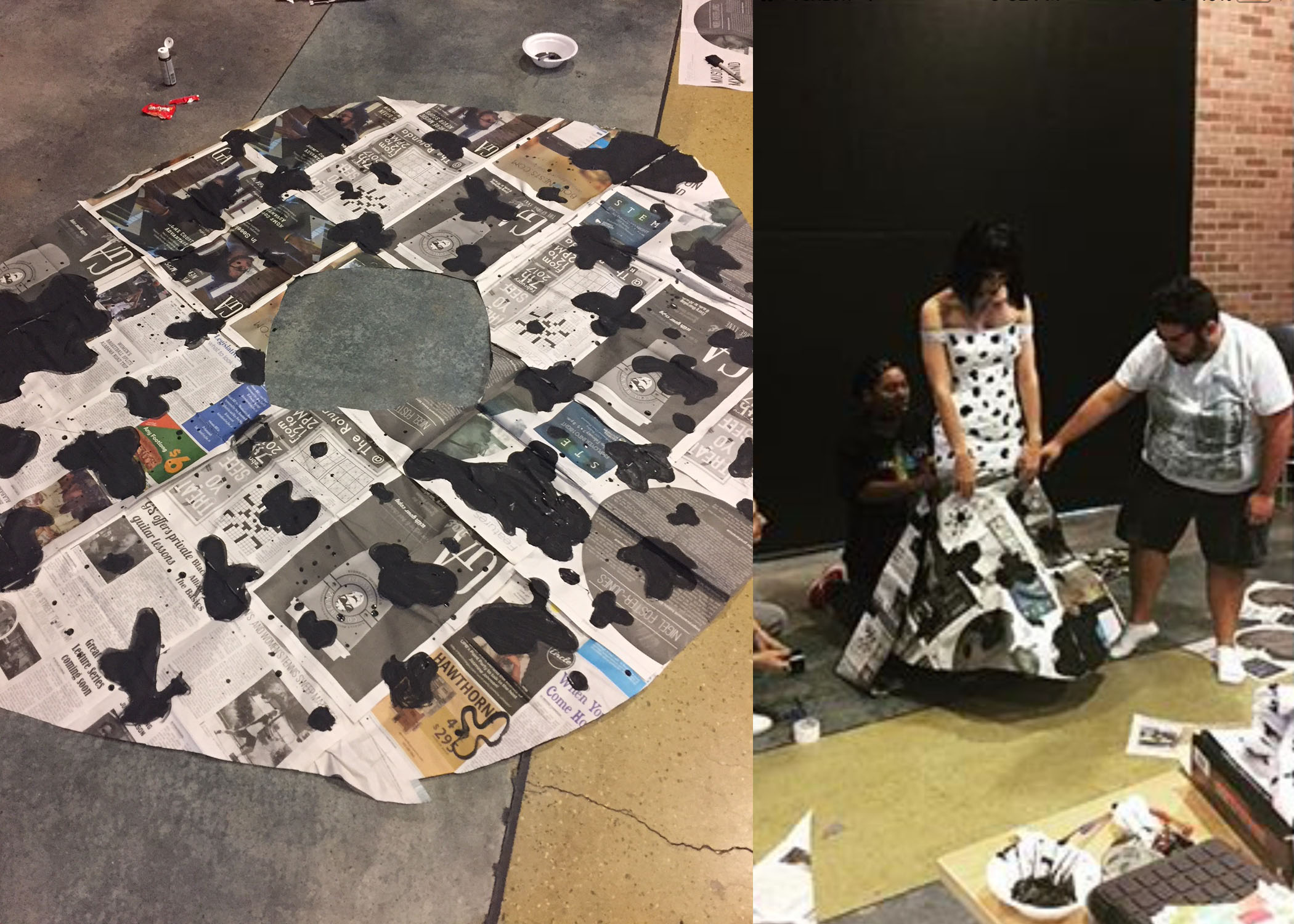 The theme of the event was recreating a classic Disney villain, and our team chose Cruella Deville (famous for attempting to skin dalmatians to wear their fur). The bodice of the gown was made out of newspaper with an outer layer of white duct tape, with black spots painted on. We fashioned a circle skirt out of newspaper to add flare to our silhouette, with larger black spots painted on. We then splattered black and red paint on a piece of white cotton batting for the model to drape around her arms. The look was completed with a dog collar choker and a silver duct tape "cigarette," dipped in red paint to mimic being lit.