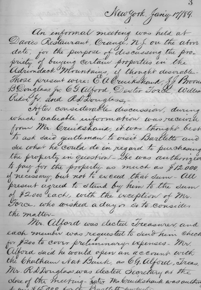 Saranac Club Minutes first entry Jan. 17, 1889