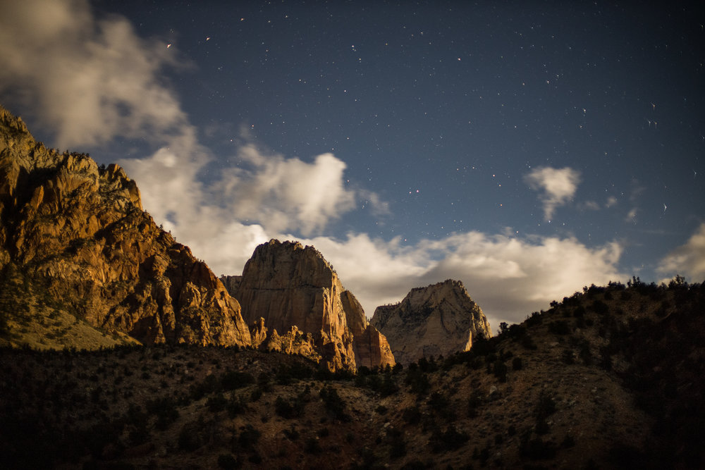 Zion Canyon lit by moonlight and stars