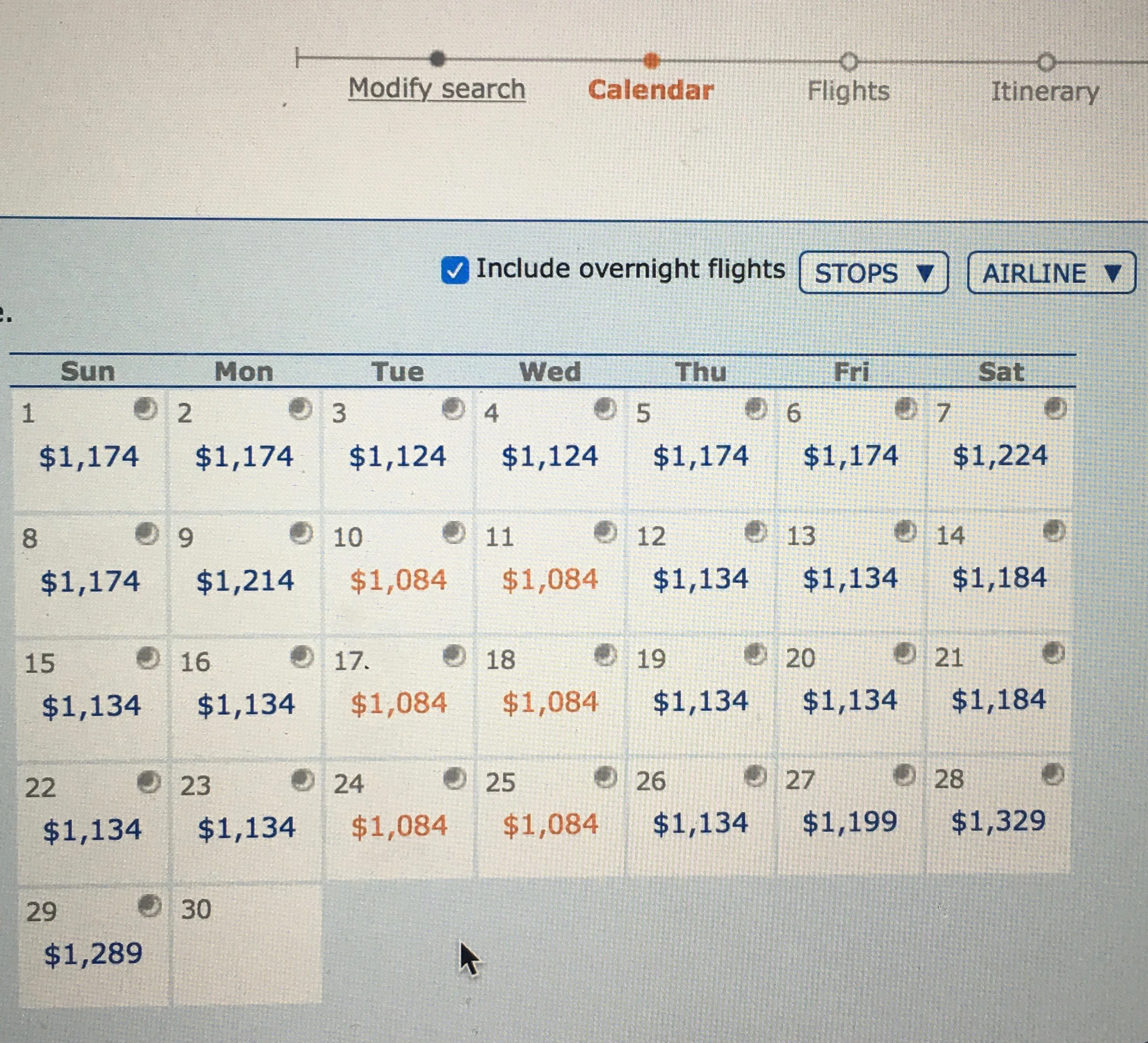 Step 2: Choose the date. The moon indicates an overnight flight.