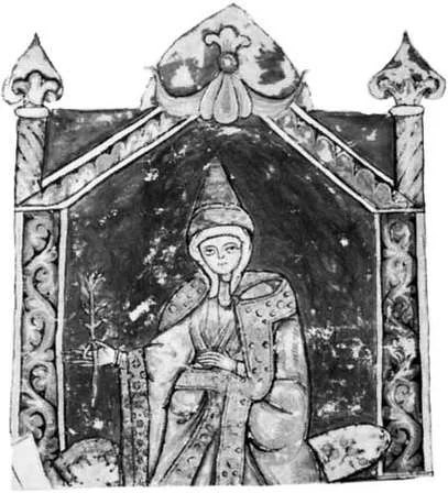 Matilda, detail of a miniature from Vita Mathildis by Donizo of Canossa, 12th century; in the Vatican Library (Vat. Lat. 4922).Courtesy of the Bibliotech Apostolica Vaticana.